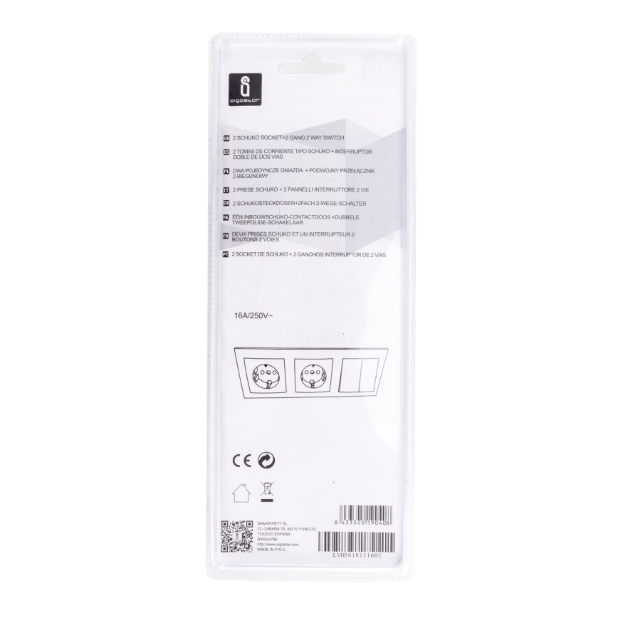 Aigostar - SET 2x Utičnica s prekidačem 2x16A/250V SCHUKO