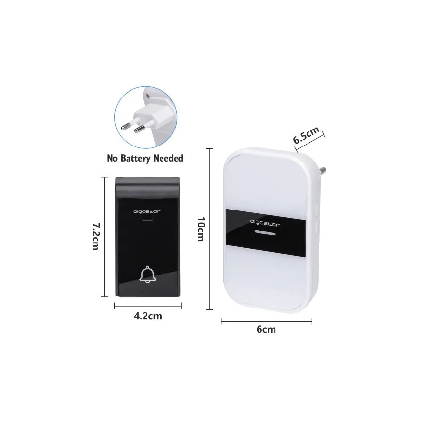 Aigostar - SET 2x Utično bežično zvono 230V/12V IP44 bijela/crna