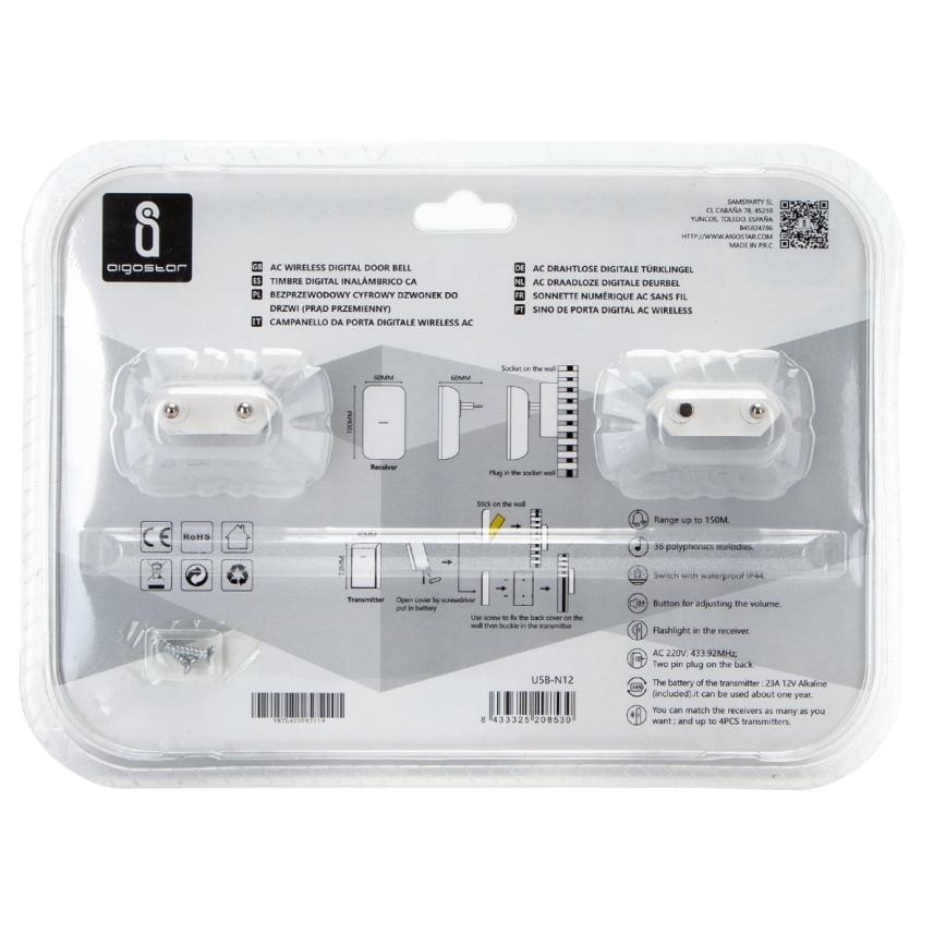 Aigostar - SET 2x Utično bežično zvono 230V/12V IP44 bijela