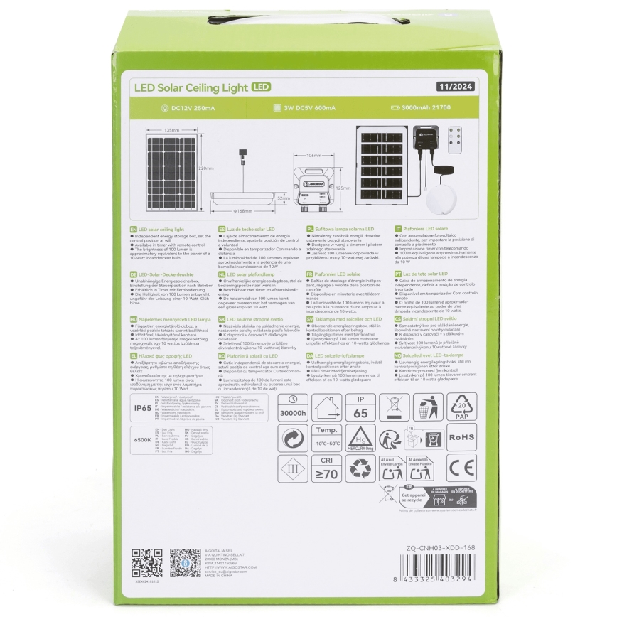 Aigostar - LED solarna svjetiljka LED/35W/12V 3000 mAh 6500K IP65 promjer 16,8 cm + s daljinskim upravljačem