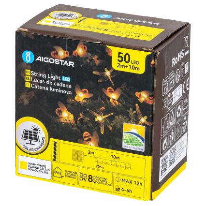 Aigostar - LED solarni dekorativni lanac 50xLED/8 funkcija 10 m 800 mAh IP65 topla bijela