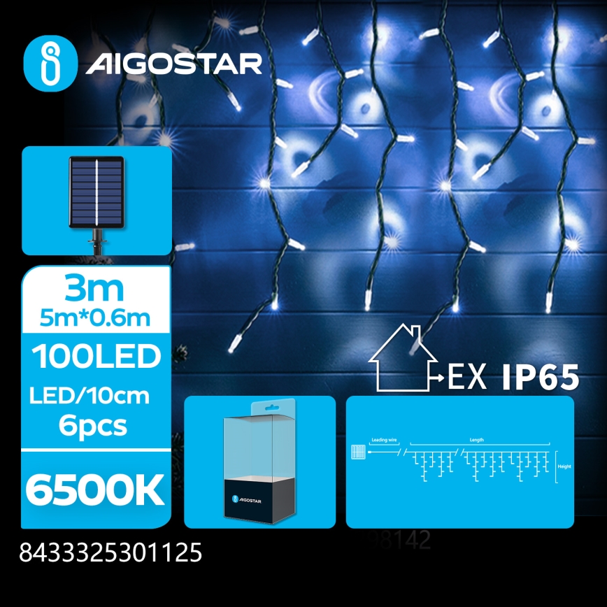 Aigostar - LED solarni niz, 100 LED, 8 funkcija, 8×0,6 m, 500 mAh, IP65, hladno bijela
