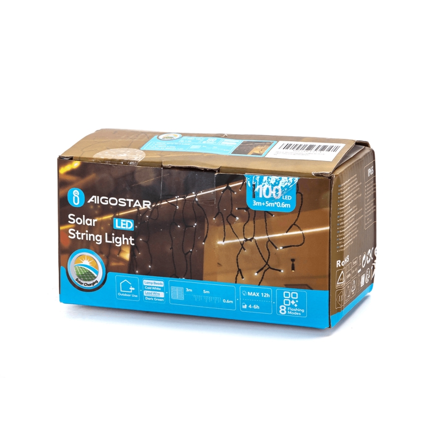 Aigostar - LED solarni niz, 100 LED, 8 funkcija, 8×0,6 m, 500 mAh, IP65, hladno bijela