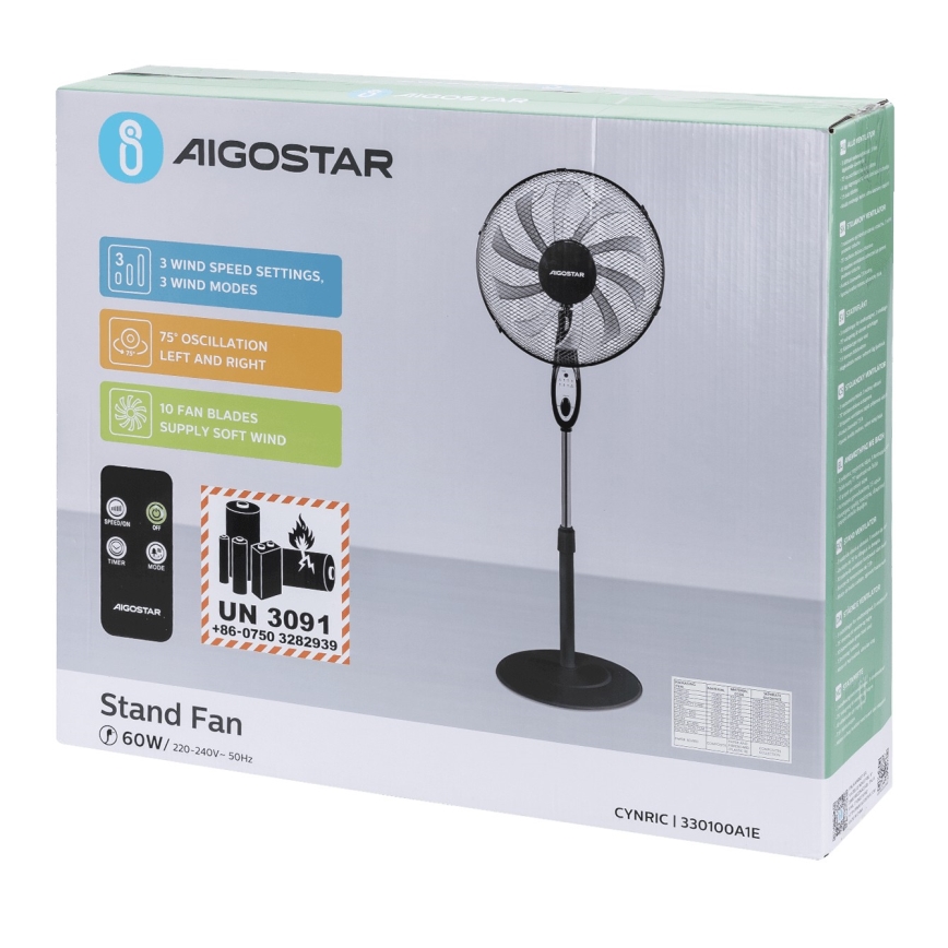 Aigostar - Stajaći ventilator 60W/230V crni + daljinski upravljač