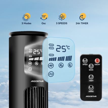 Aigostar - Stupni ventilator 50W/230V crna Wi-Fi + daljinski upravljač