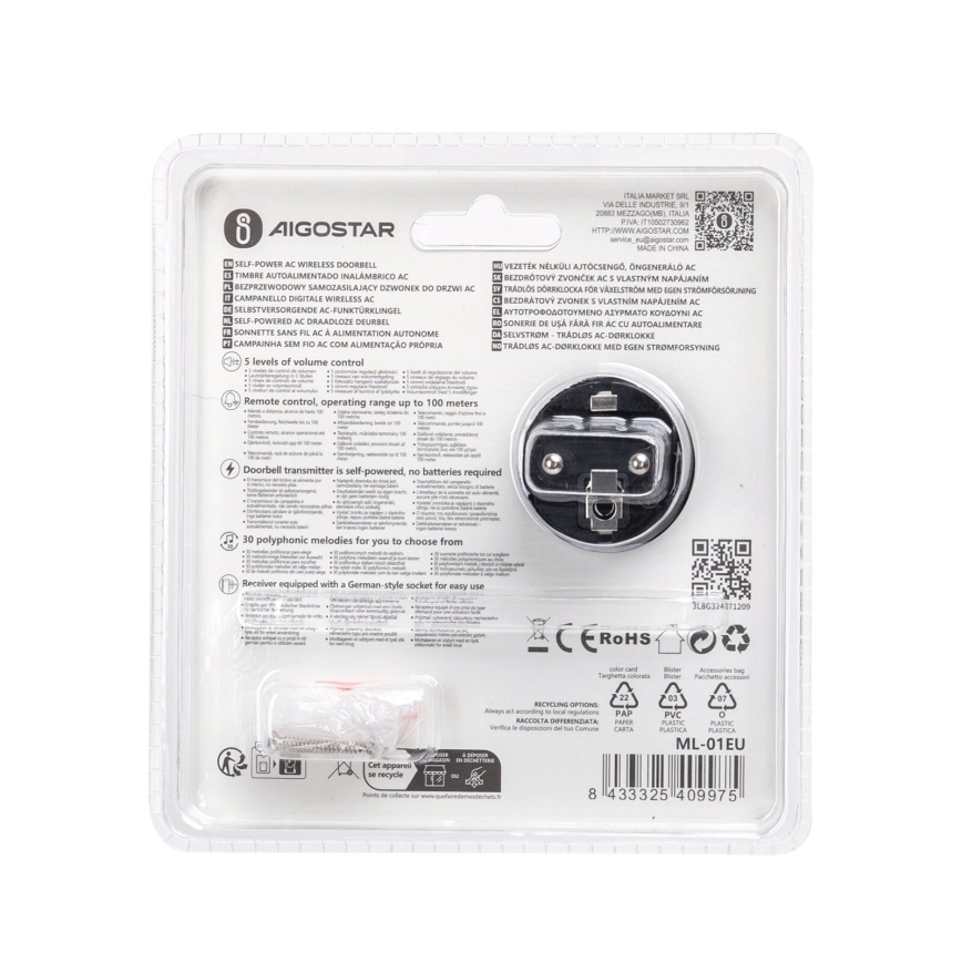 Aigostar - Utično bežično zvono 1Z 230V IPX4 crna