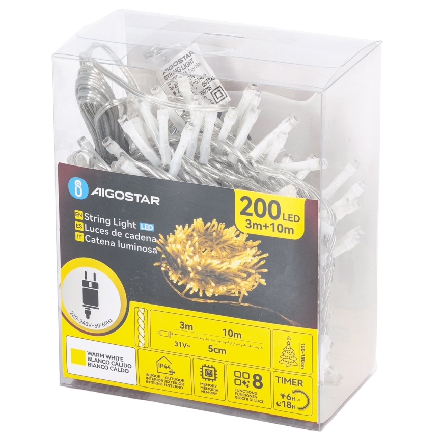 Aigostar - vanjski božićni LED niz 200xLED/8 funkcija 13m IP44 topla bijela