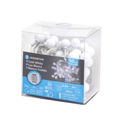 Aigostar - LED vanjski svjetlosni lanac 50xLED/3xAA/8 funkcija 5,3 m IP44 hladno bijela