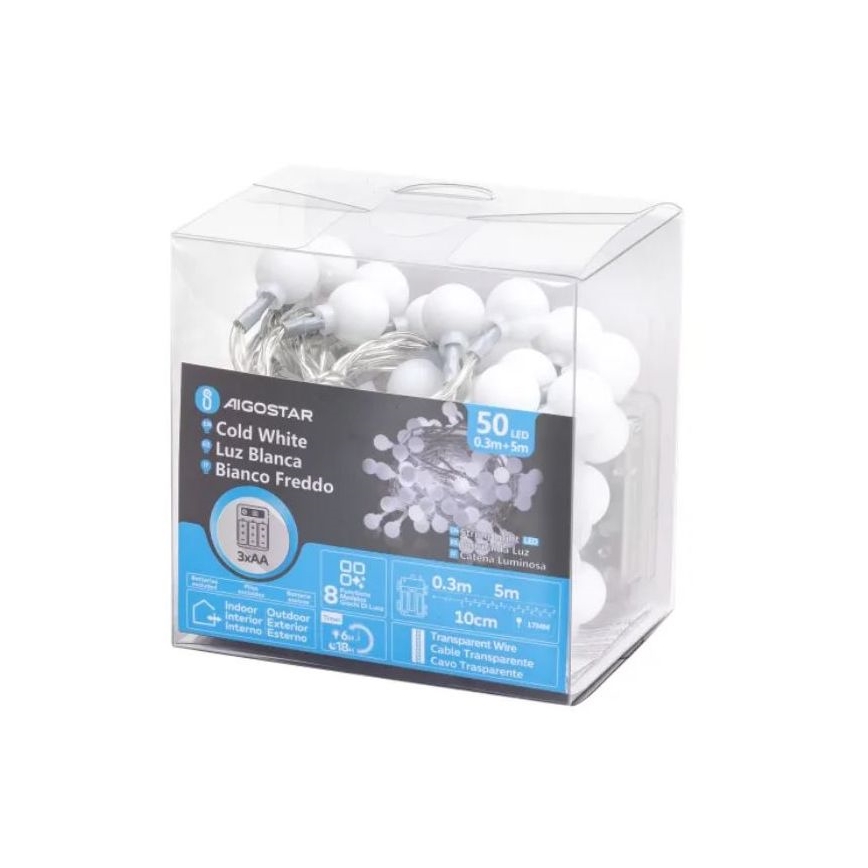 Aigostar - LED vanjski svjetlosni lanac 50xLED/3xAA/8 funkcija 5,3 m IP44 hladno bijela