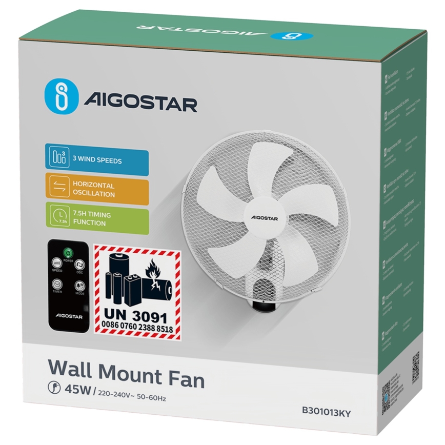 Aigostar -  Zidni ventilator 45W/230V bijela + daljinski upravljač
