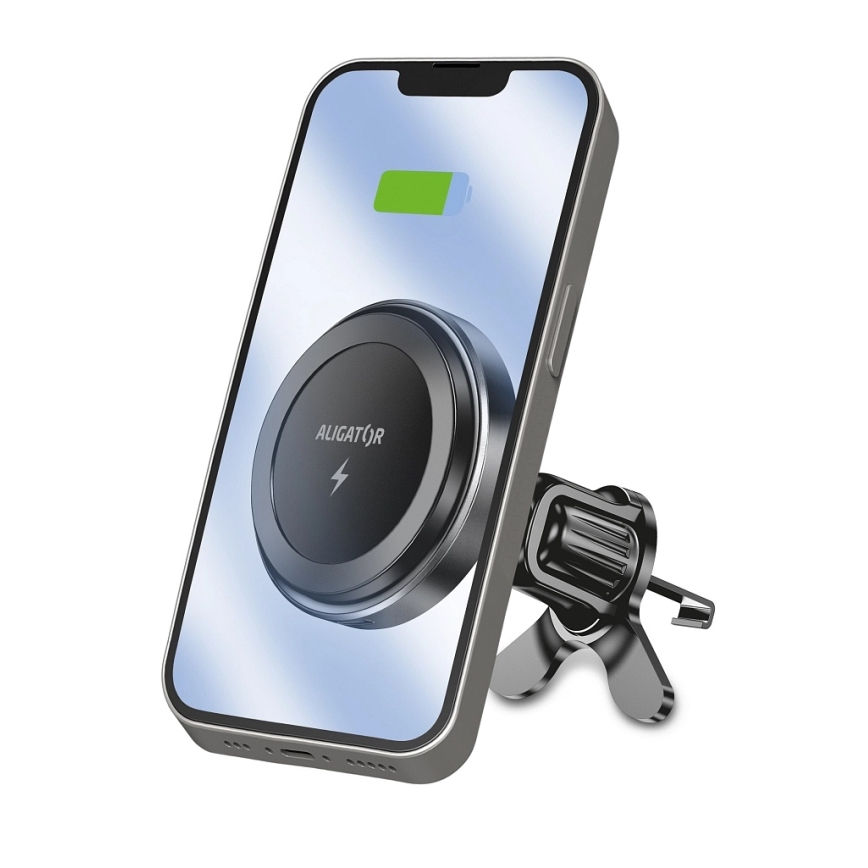 Aligator AMS05BK - Magnetni držač za mobilni telefon u automobilu s bežičnim Qi punjenjem 15W i MagSafe, crni