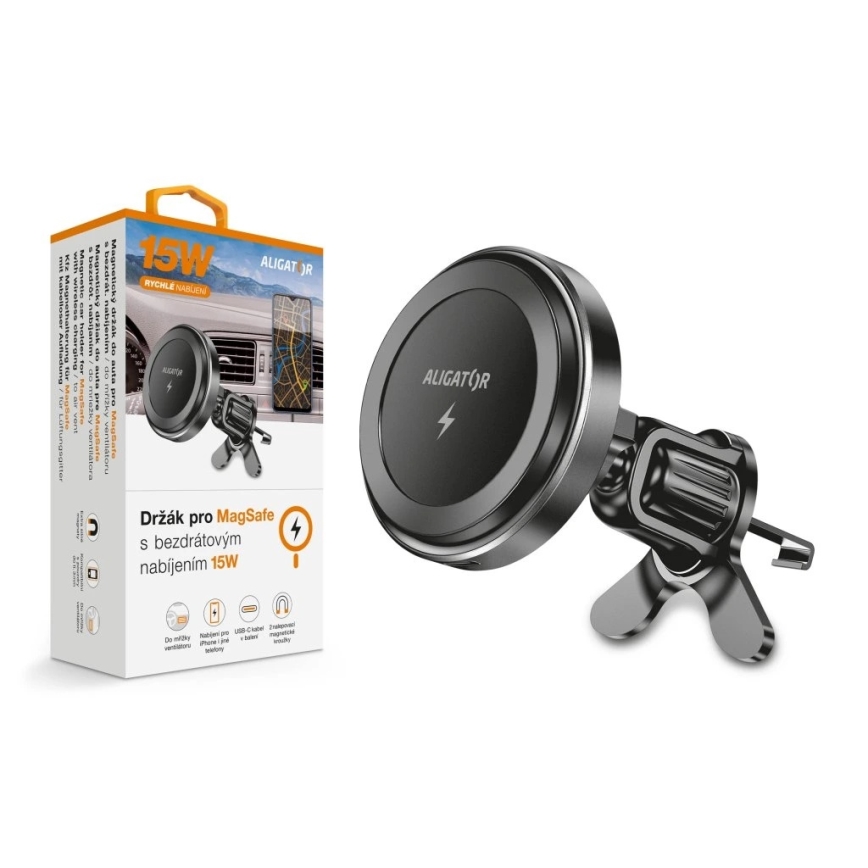Aligator AMS05BK - Magnetni držač za mobilni telefon u automobilu s bežičnim Qi punjenjem 15W i MagSafe, crni