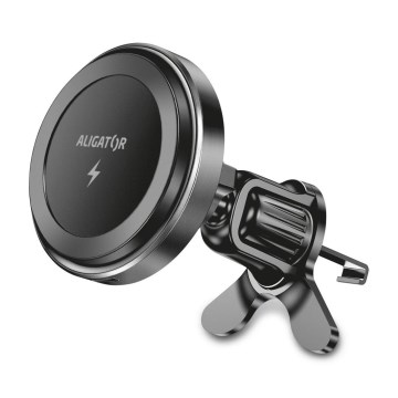 Aligator AMS05BK - Magnetni držač za mobilni telefon u automobilu s bežičnim Qi punjenjem 15W i MagSafe, crni