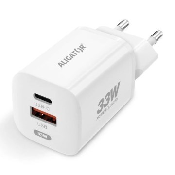 Aligator CHPD0020 - Adapter za brzo punjenje GaN s USB Power Delivery 33 W, USB-A + USB-C, bijela