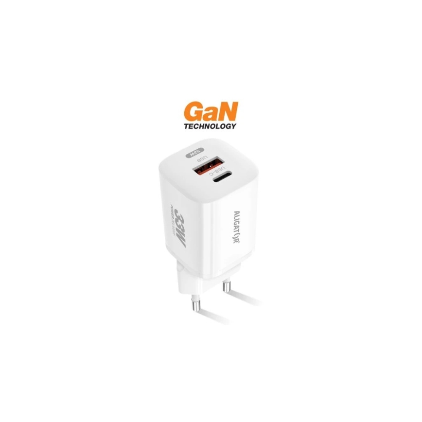 Aligator CHPD0020 - Adapter za brzo punjenje GaN s USB Power Delivery 33 W, USB-A + USB-C, bijela
