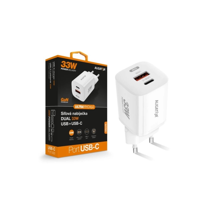 Aligator CHPD0020 - Adapter za brzo punjenje GaN s USB Power Delivery 33 W, USB-A + USB-C, bijela