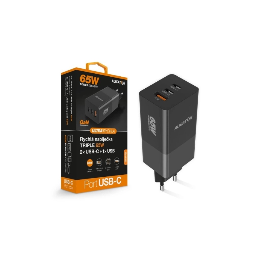 Aligator CHPD0027 - Brzi GaN adapter s Power Delivery 65W, 2x USB-C + USB-A, crni