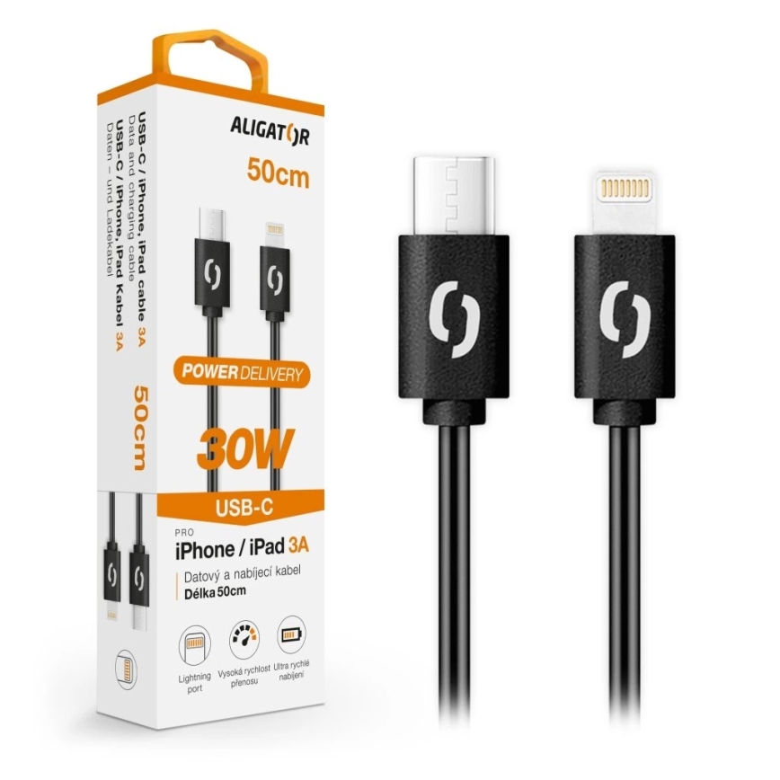 Aligator DATKP56 - USB kabel USB-C/Lightning, 30 W Power Delivery, 0,5 m, crna
