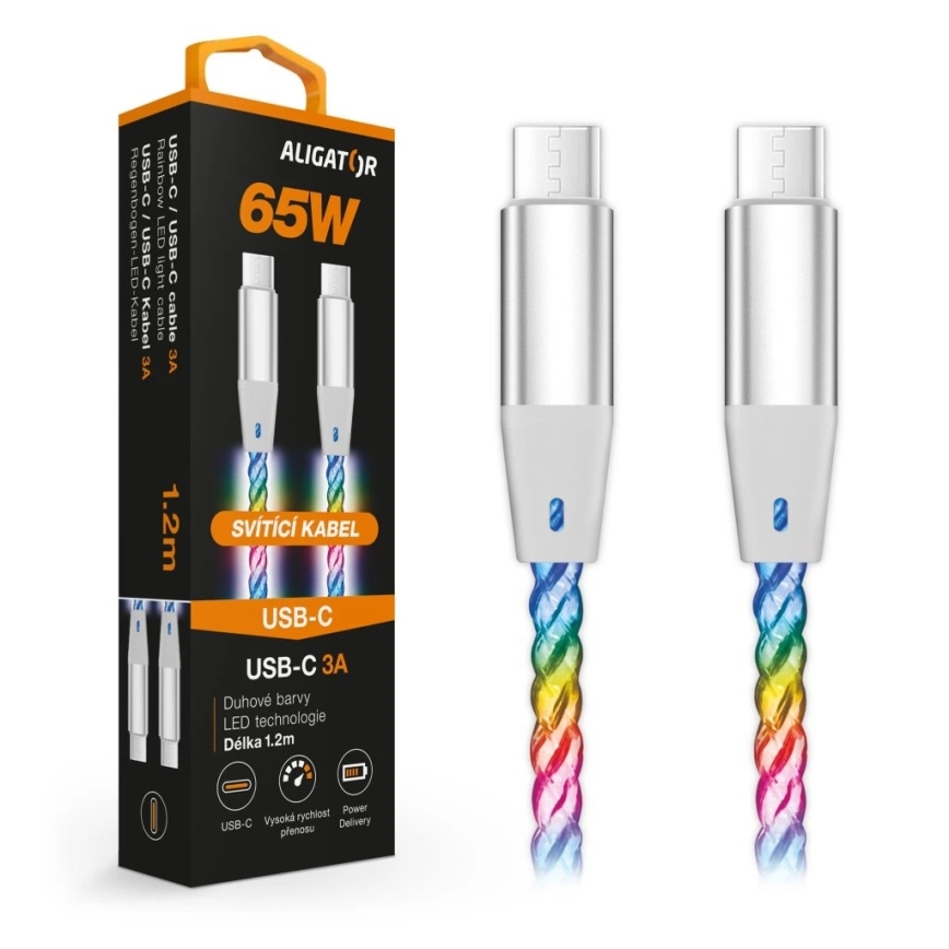 Aligator DATKP62 - USB kabel USB-C / USB-C s LED osvjetljenjem 65W Power Delivery 1,2m