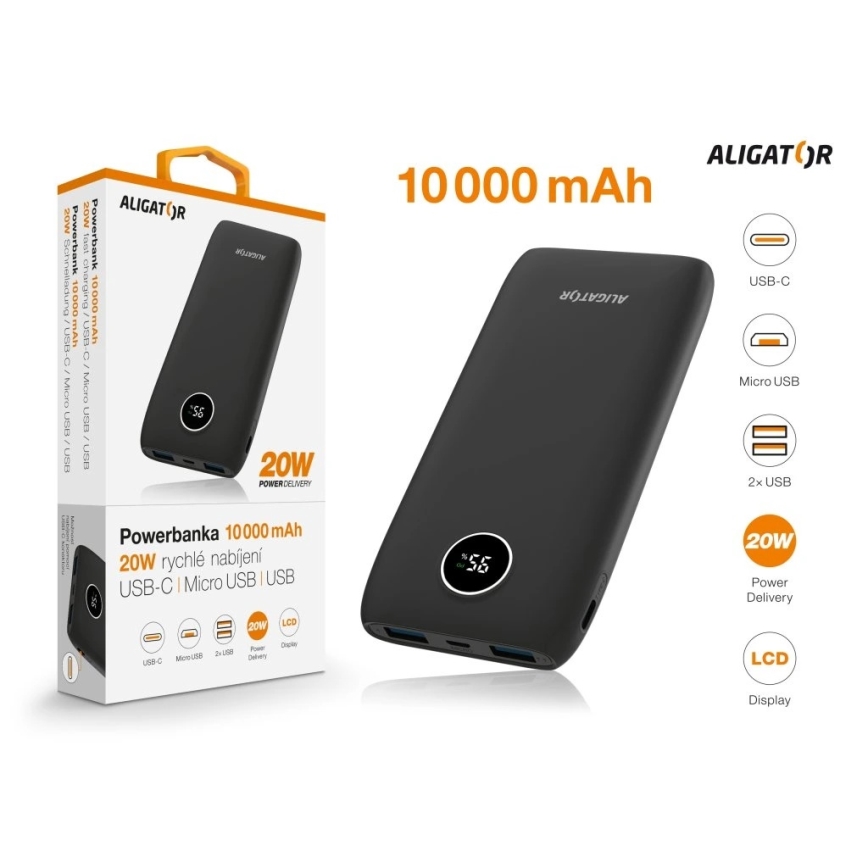 Aligator PBPD10BK - Powerbank s LCD zaslonom Power Delivery 10000 mAh/20W/3,7V crna