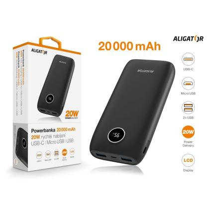 Aligator PBPD20BK - Power bank s LCD zaslonom Power Delivery 20000 mAh/20W/3,7V crna