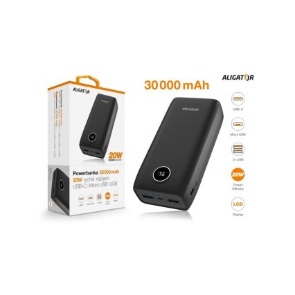 Aligator PBPD30BK – powerbank s LCD zaslonom i podrškom za Power Delivery, kapacitet 30000 mAh / 20 W / 3,7 V, crna