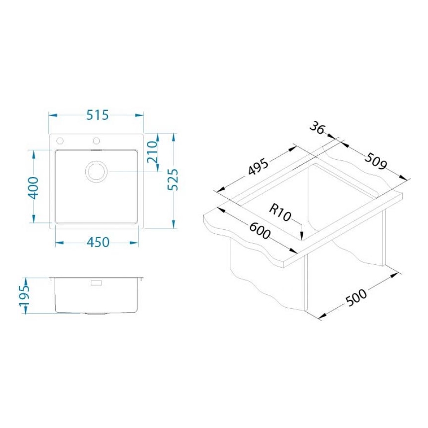 ALVEUS 1103609 - Kuhinjski sudoper PURE 52,5x51,5 cm satin