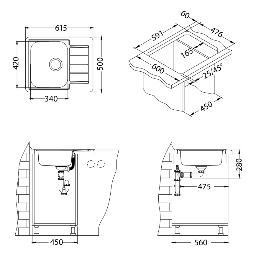 ALVEUS 1144603 - Kuhinjski sudoper LINE 61,5x50 cm nehrđajući čelik/satinirano, bez ekscentra