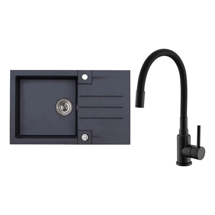ALVEUS SETA23201 - Kuhinjski sudoper ROCK 78x48 cm + kuhinjska slavina s fleksibilnim izljevom MINTAS 34 cm granit/mat crna