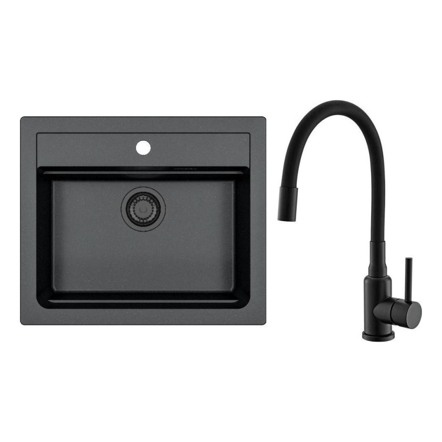 ALVEUS SETA23228 - Kuhinjski sudoper ATROX 59x50 cm + kuhinjska miješalica s fleksibilnim izljevom MINTAS 34 cm, granit/mat crna