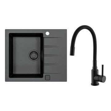 ALVEUS SETA23230 - Kuhinjski sudoper CADIT 59x50 cm + MINTAS slavine s fleksibilnom cijevi 34 cm granit/mat crna