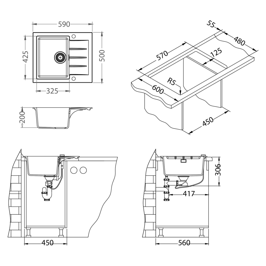 ALVEUS SETA23230 - Kuhinjski sudoper CADIT 59x50 cm + kuhinjska miješalica s fleksibilnim izljevom MINTAS 34 cm granit/matna crna