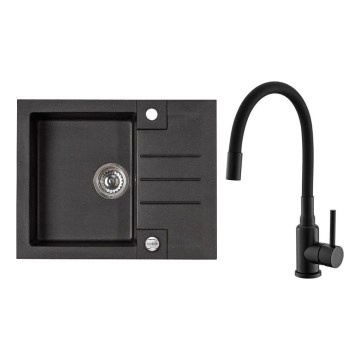 ALVEUS SETA23236 - Kuhinjski sudoper ROCK 59,5x47,5 cm + baterija za sudoper s fleksibilnom ručkom MINTAS 34 cm granit/mat crna