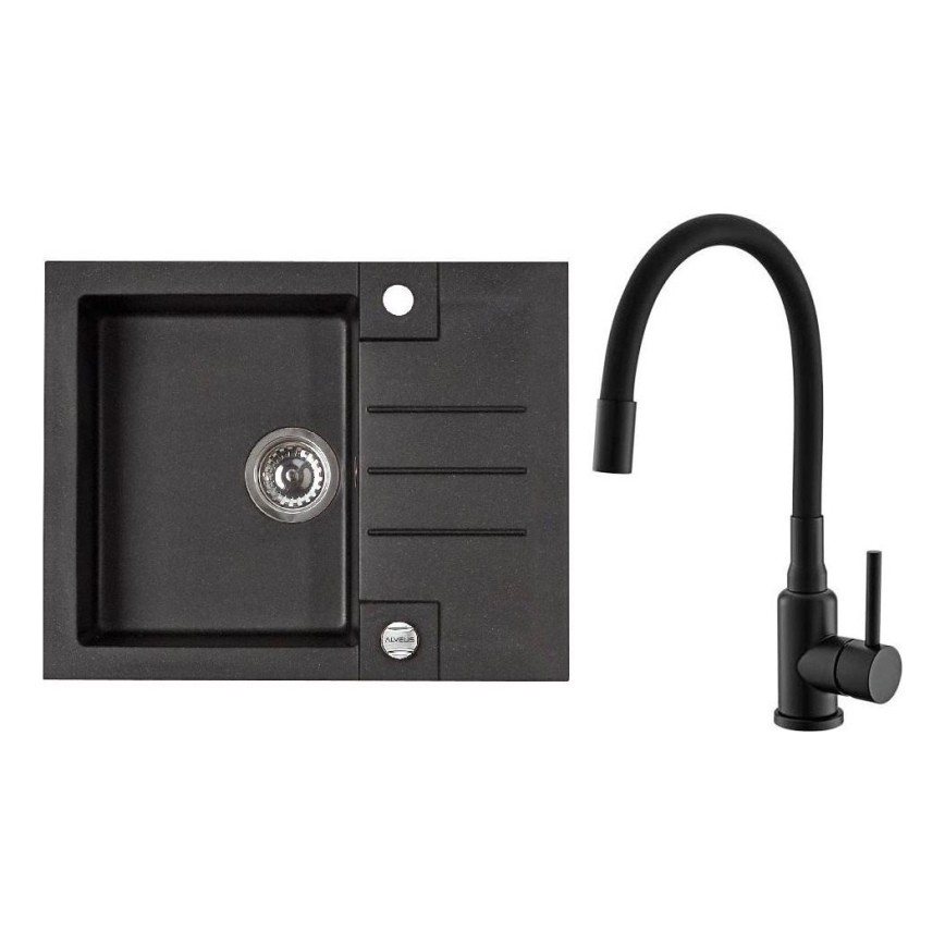 ALVEUS SETA23236 - Kuhinjski sudoper ROCK 59,5x47,5 cm + kuhinjska miješalica s fleksibilnim izljevom MINTAS 34 cm granit/matna crna