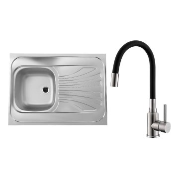 ALVEUS SETA24019 - Klasični kuhinjski sudoper 80x60 cm + kuhinjska armatura s fleksibilnom cijevi MINTAS 34 cm od satiniranog nehrđajućeg čelika/crna