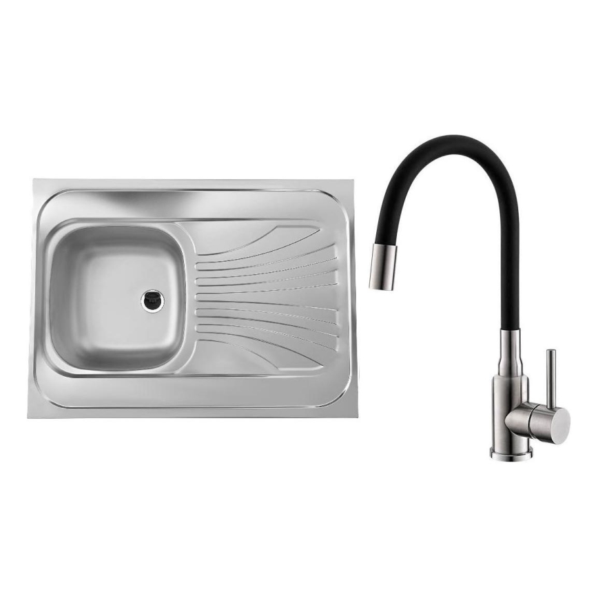 ALVEUS SETA24019 - Klasični kuhinjski sudoper 80x60 cm + kuhinjska armatura s fleksibilnom cijevi MINTAS 34 cm od satiniranog nehrđajućeg čelika/crna
