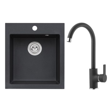 ALVEUS SETA737 - Kuhinjski sudoper CORTINA 50x45 cm + sudoper baterija s fleksibilnom cijevi TONIA 29,5 cm granit/mat crna