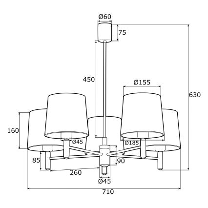 Argon 2085 - Viseći luster PONTE 5xE27/15W/230V mesing/plava