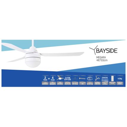 BAYSIDE 531016 - Stropni ventilator MEGARA 2xE14/15W/230V bijela + daljinski upravljač