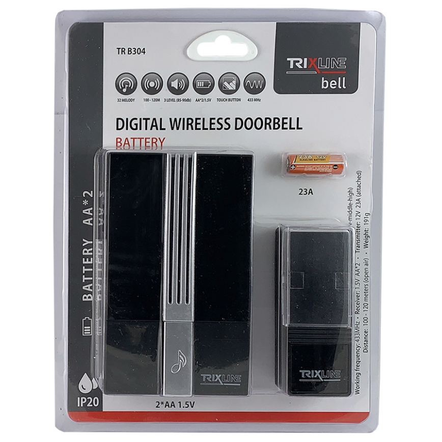 Bežično zvono BELL 1x23A + 2xAA crna