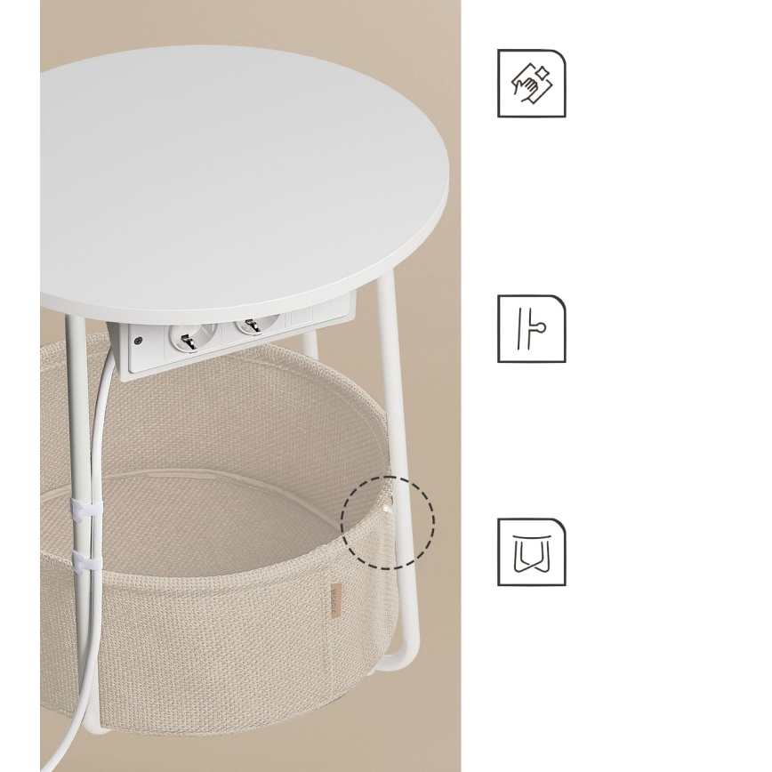 Bočni stolić NOIRA 45 cm s ugrađenim utičnicama i USB priključcima, bež/bijela