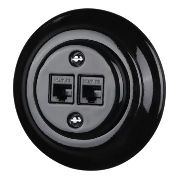 Bohemia-Design - Porculanska retro Ethernet utičnica s okvirom, 2× CAT5e, crna