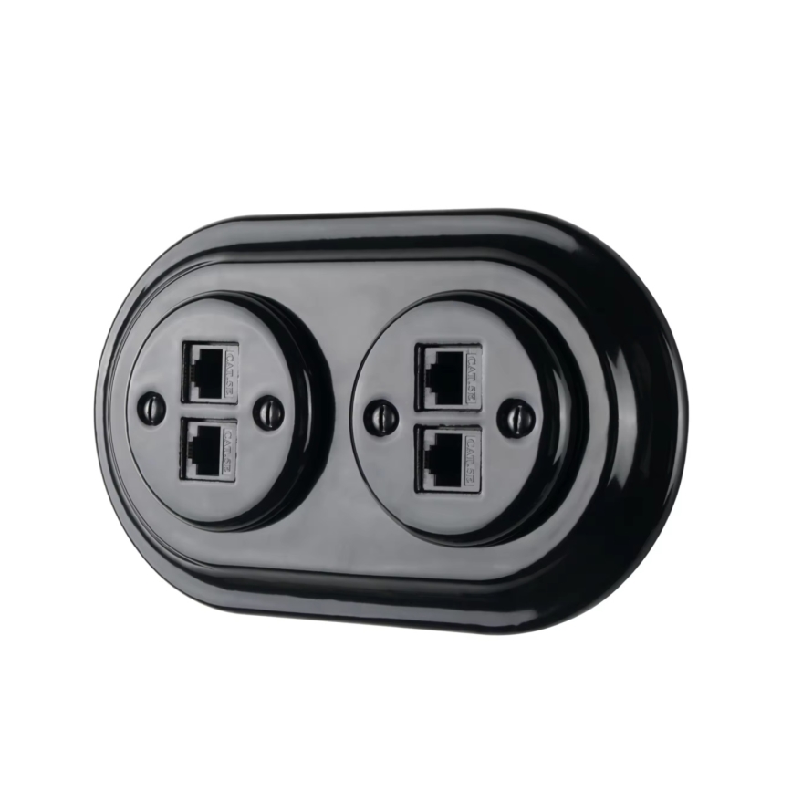 Bohemia-Design - Porculanska retro Ethernet utičnica s okvirom, 2× CAT5e, crna