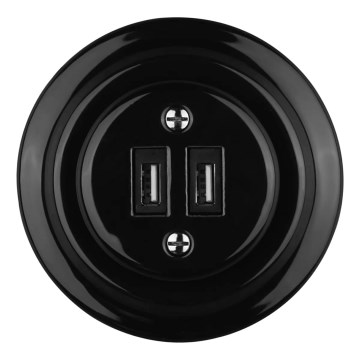 Bohemia-Design - Porculanska retro USB napajajuća utičnica s okvirom, 2x USB-A, crna