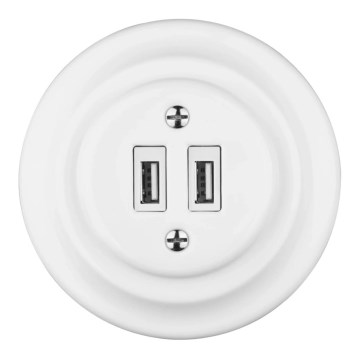 Bohemia-Design - Porculanska retro USB utičnica za napajanje s okvirom 2x USB-A bijela
