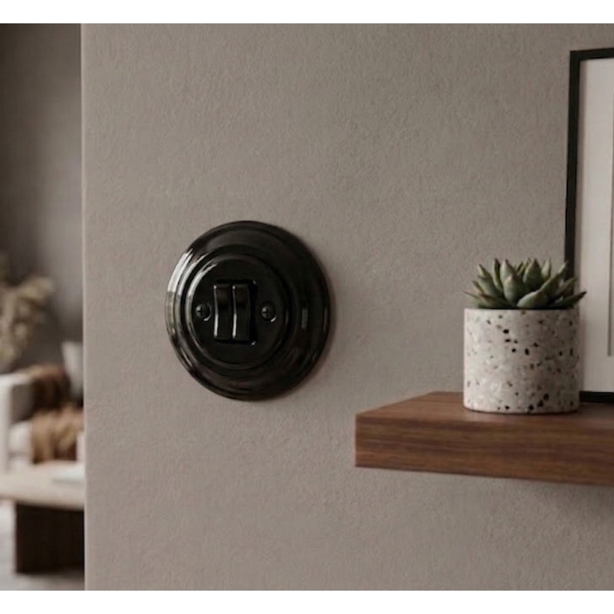 Bohemia-Design - Porculanski retro dvojni prekidač s okvirom br. 6+6 crni