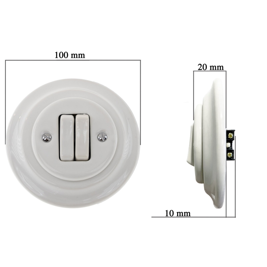 Bohemia-Design - Porculanski retro dvostruki prekidač s okvirom br. 5 bijela