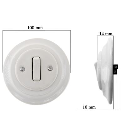 Bohemia-Design - Porculanski retro jednostruki prekidač s okvirom br. 6 bijela