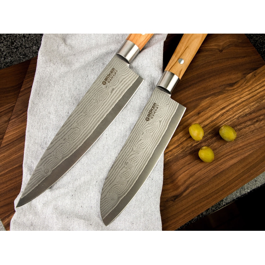 Böker - Damaški kuhinjski nož santoku DAMAST OLIVE 17,2 cm maslinovo drvo