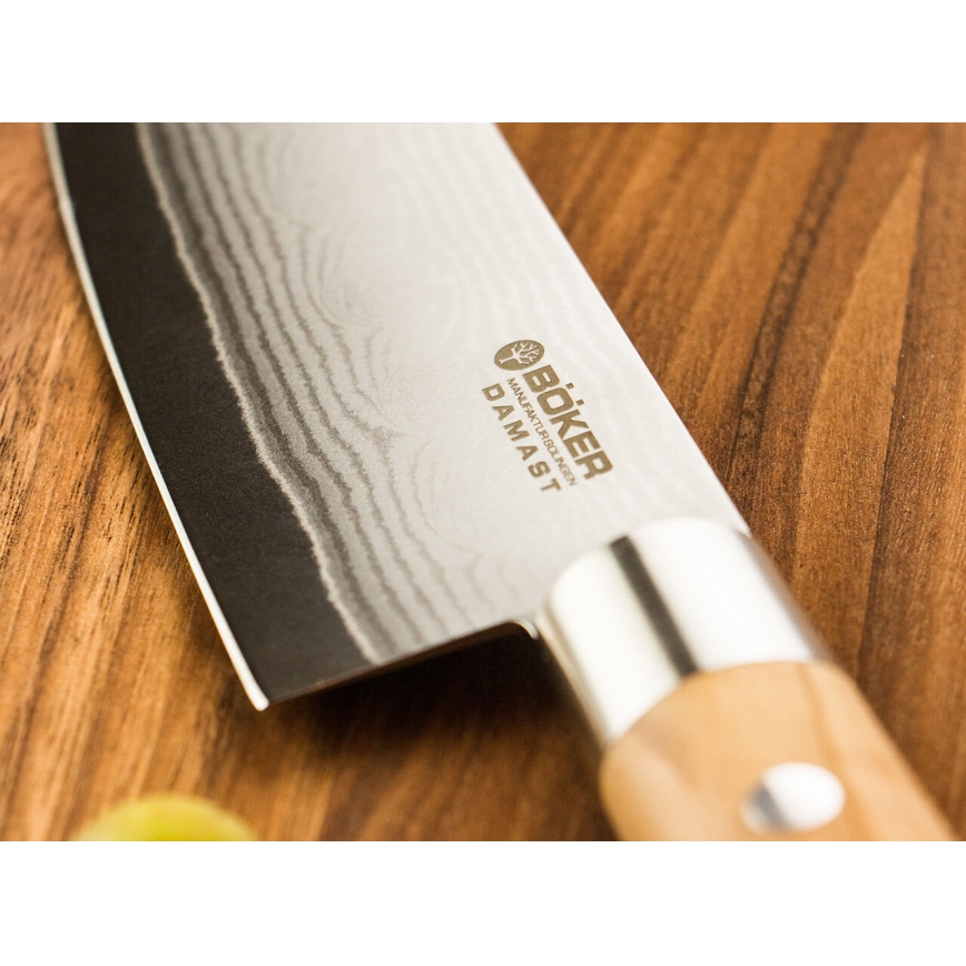 Böker - Damaški kuhinjski nož santoku DAMAST OLIVE 17,2 cm maslinovo drvo